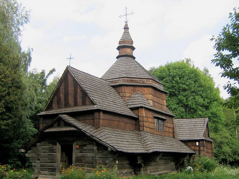 Old wooden church from Zelene, relocated to the Museum of Folk Architecture and Ethnography in Pyrochiv, Ukraine