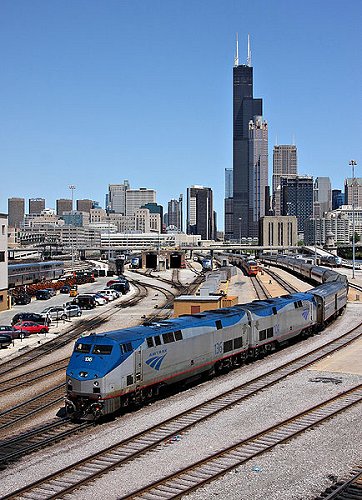 Amtrak train approaching Union Station, Chicago