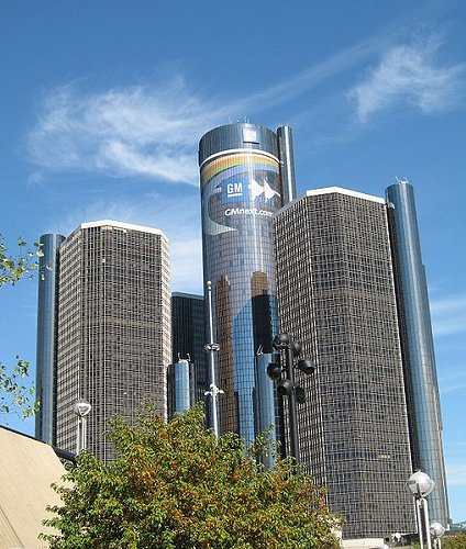 Renaissance Center, with GM Tower in the middle, Detroit