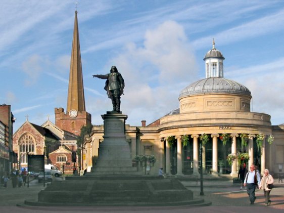 Bridgwater, Somerset, England, depicting the Church of St Mary Magdalene, the Statue of Admiral Blake and the Corn Exchange