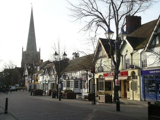 High Street, Solihull, West Midlands, England, with St Alphege's Church in the background