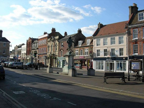 Town center of St Ives, with statue of Oliver Cromwell