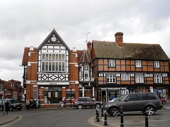 Buildings in the Market Square of Wantage, Oxfordshire, England.  The HSBC Bank occupies the Old Town hall