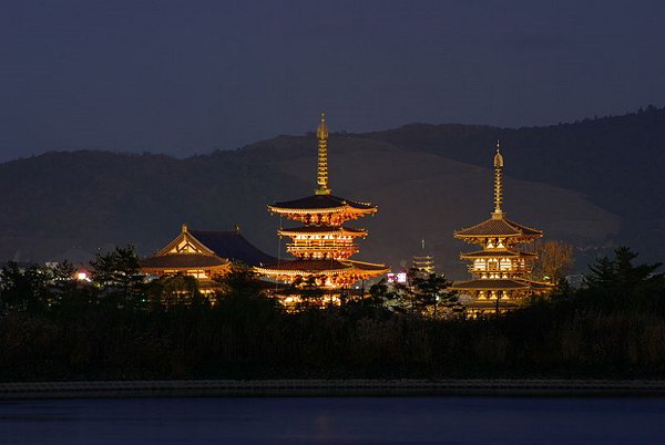View of Yakushi-ji Temple, with its East and West Pagodas, at night