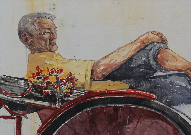 Closeup view of The Awaiting Trishaw Pedaler mural