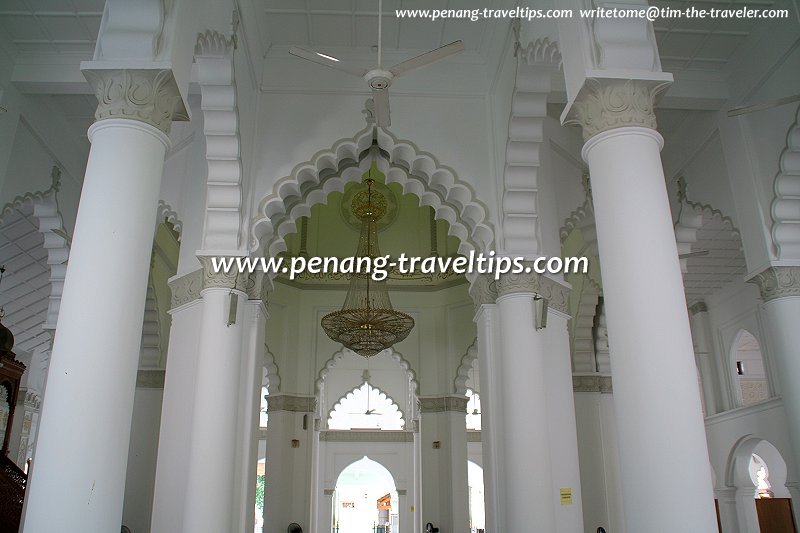 Interior of the Kapitan Keling Mosque with its central chandeliar